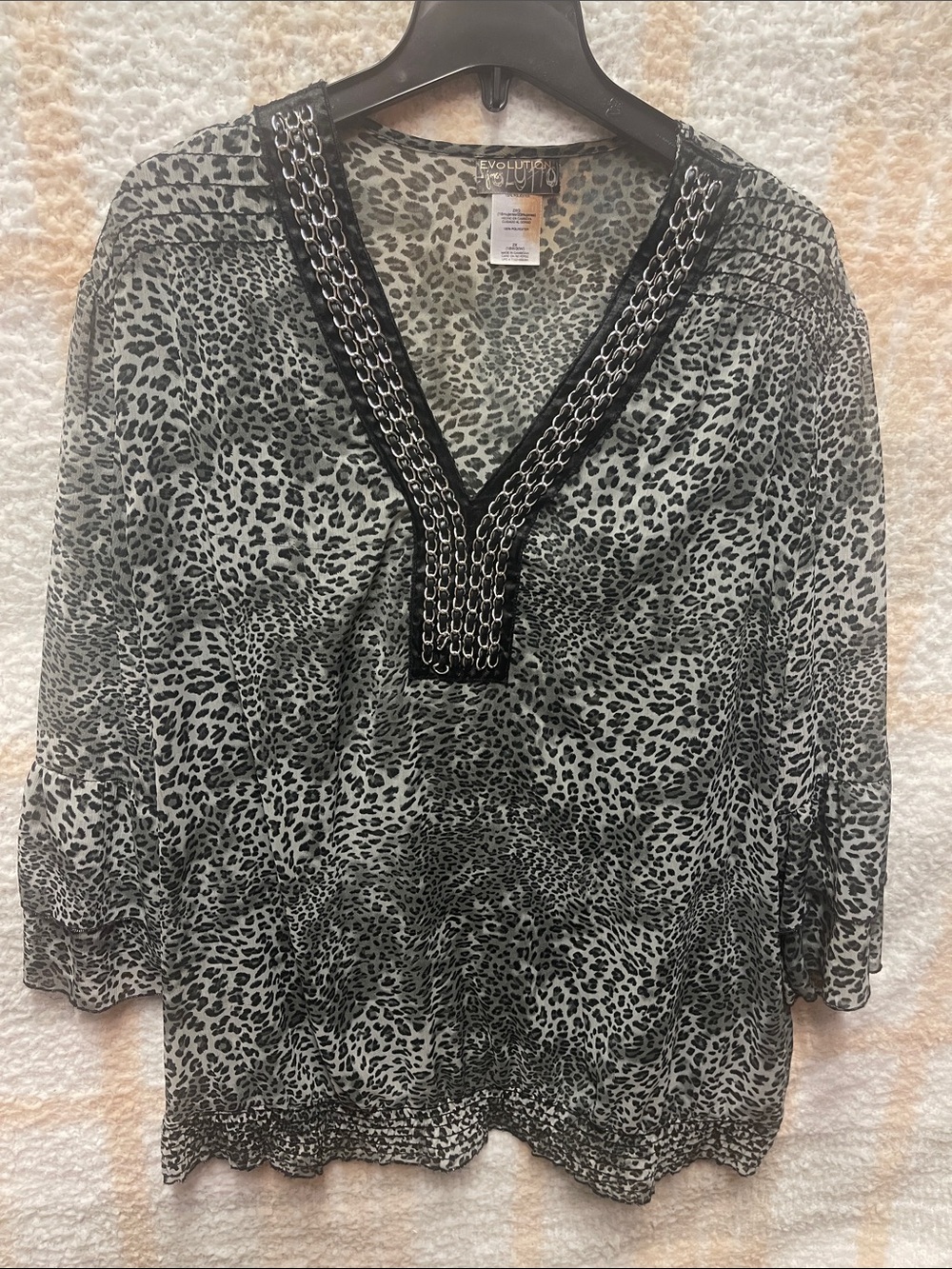Evolution JMS Black and White Leopard-Print V-Neck Tunic with Chain Trim Sz 2X